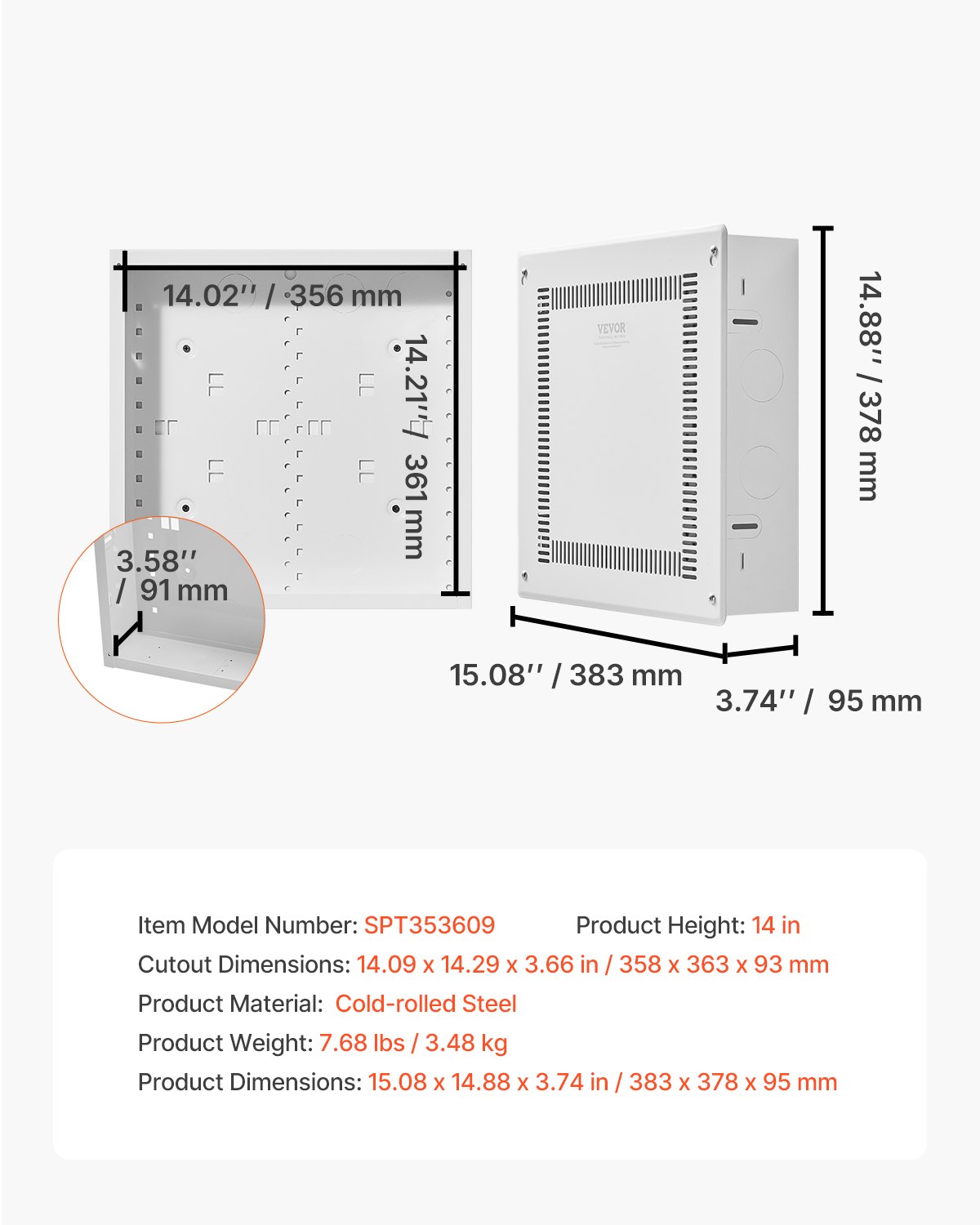 VEVOR Structured Media Enclosure, 14-Inch, Recessed in-Wall Media Box with Cover, Wall-Mount Cable Management Box Kit, Structured Wiring Multi-Media Cabinet, Cold-Rolled Steel, for TV Home Theater