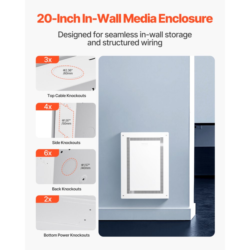 VEVOR Structured Media Enclosure, 20-Inch, Recessed in-Wall Media Box with Cover, Wall-Mount Cable Management Box Kit, Structured Wiring Multi-Media Cabinet, Cold-Rolled Steel, for TV Home Theater