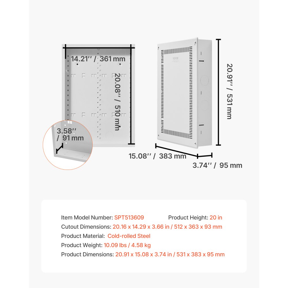 VEVOR Structured Media Enclosure, 20-Inch, Recessed in-Wall Media Box with Cover, Wall-Mount Cable Management Box Kit, Structured Wiring Multi-Media Cabinet, Cold-Rolled Steel, for TV Home Theater