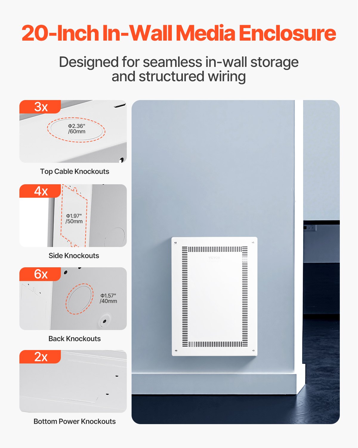 VEVOR Structured Media Enclosure, 20-Inch, Recessed in-Wall Media Box with Cover, Wall-Mount Cable Management Box Kit, Structured Wiring Multi-Media Cabinet, Cold-Rolled Steel, for TV Home Theater
