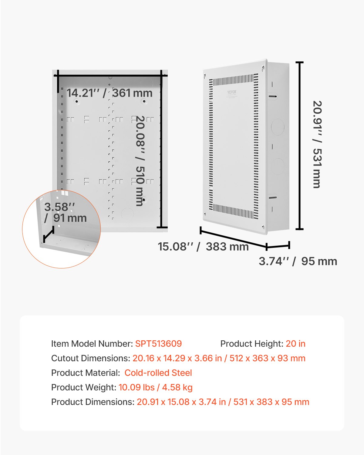VEVOR Structured Media Enclosure, 20-Inch, Recessed in-Wall Media Box with Cover, Wall-Mount Cable Management Box Kit, Structured Wiring Multi-Media Cabinet, Cold-Rolled Steel, for TV Home Theater