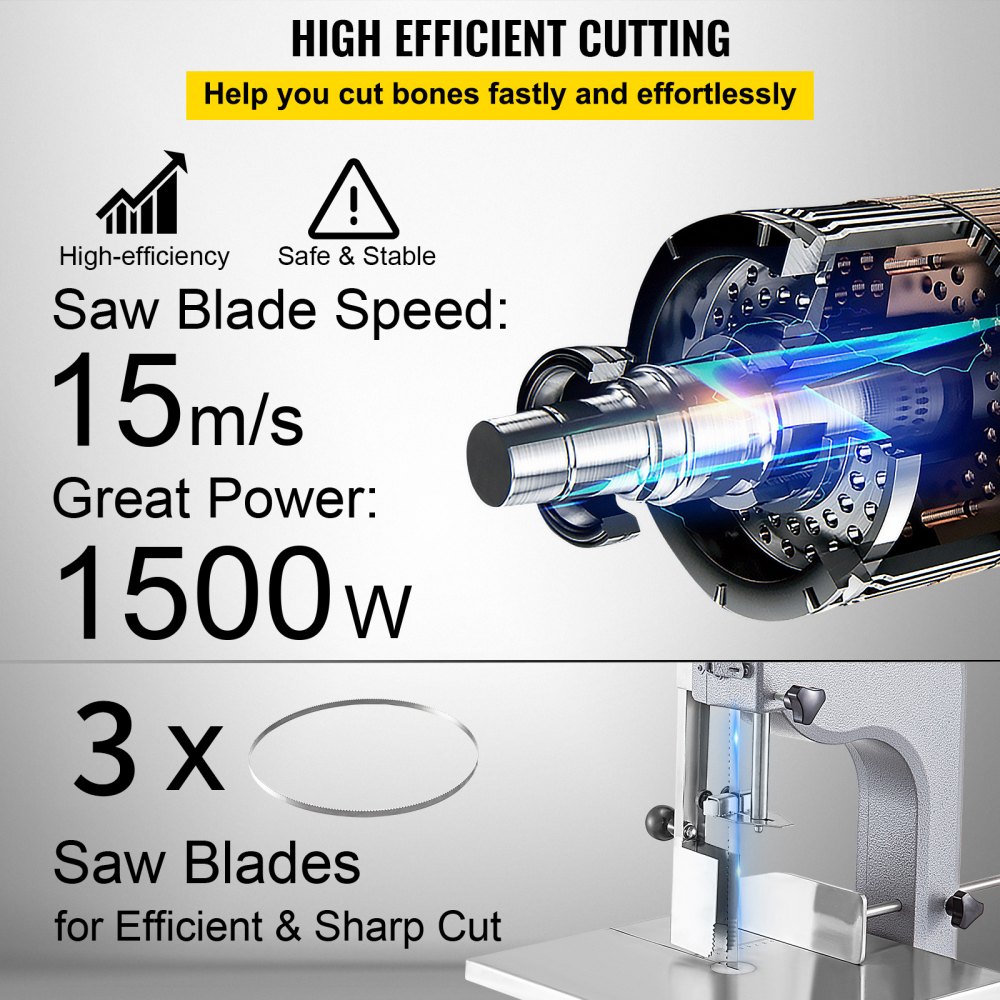 VEVOR 110V Bone Saw Machine, 850W Frozen Meat Cutter, 1.12HP Butcher Bandsaw, Thickness Range 4-180mm, Max Cutting Height 200mm,Workbeach 14.5x15inch, Work Speed 15m/s, Equipped with 3 Sawing Blades