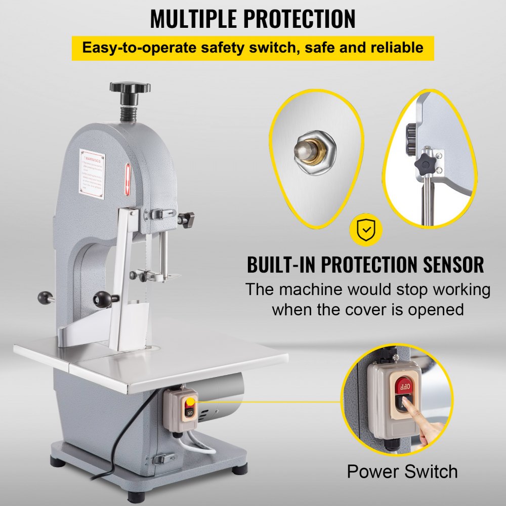 VEVOR 110V Bone Saw Machine, 850W Frozen Meat Cutter, 1.12HP Butcher Bandsaw, Thickness Range 4-180mm, Max Cutting Height 200mm,Workbeach 14.5x15inch, Work Speed 15m/s, Equipped with 3 Sawing Blades