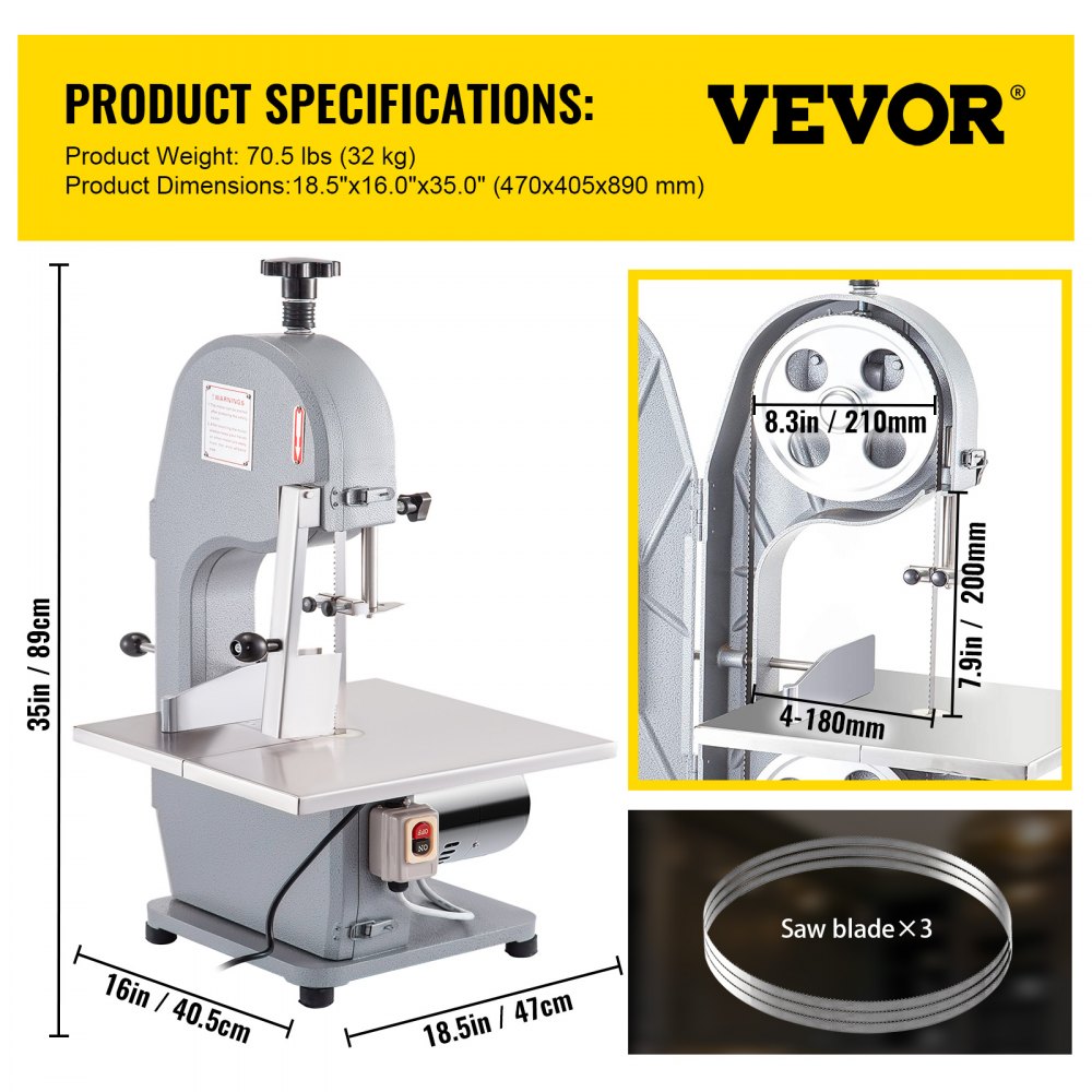 VEVOR 110V Bone Saw Machine, 850W Frozen Meat Cutter, 1.12HP Butcher Bandsaw, Thickness Range 4-180mm, Max Cutting Height 200mm,Workbeach 14.5x15inch, Work Speed 15m/s, Equipped with 3 Sawing Blades