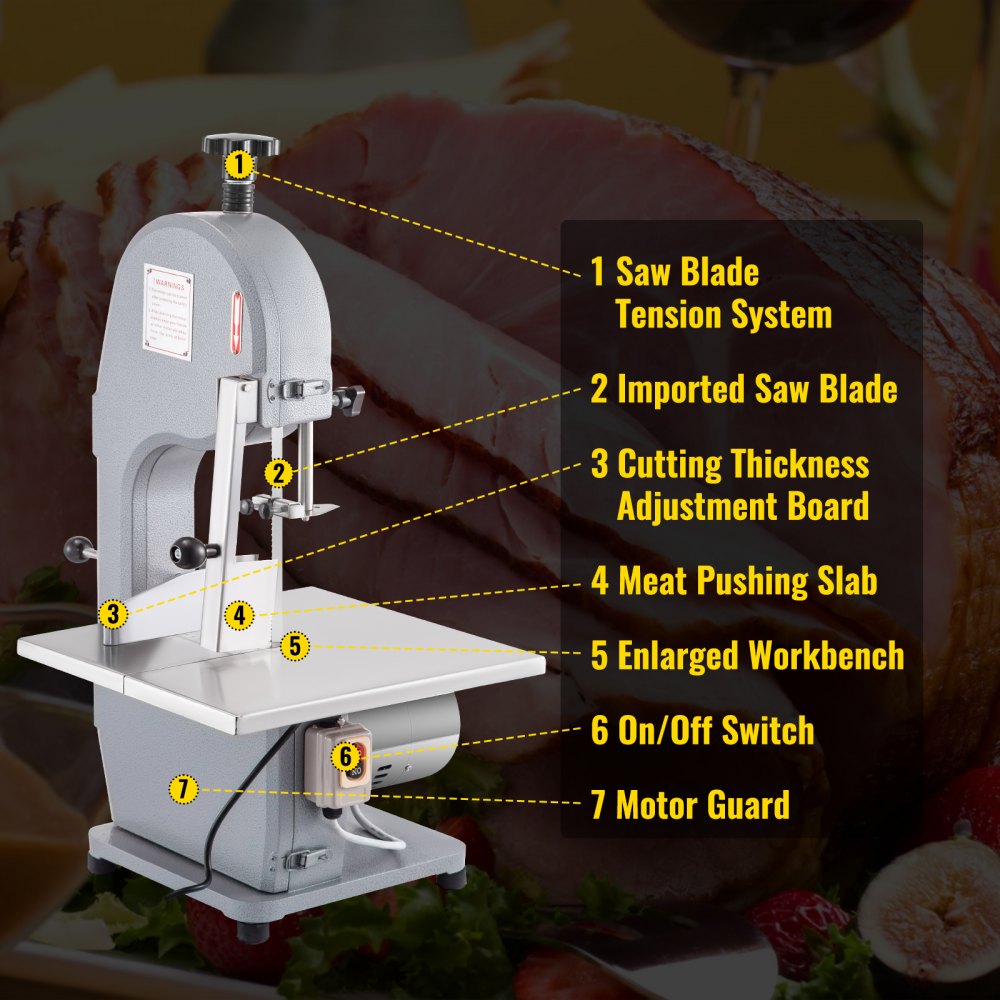 VEVOR 110V Bone Saw Machine, 850W Frozen Meat Cutter, 1.12HP Butcher Bandsaw, Thickness Range 4-180mm, Max Cutting Height 200mm,Workbeach 14.5x15inch, Work Speed 15m/s, Equipped with 3 Sawing Blades