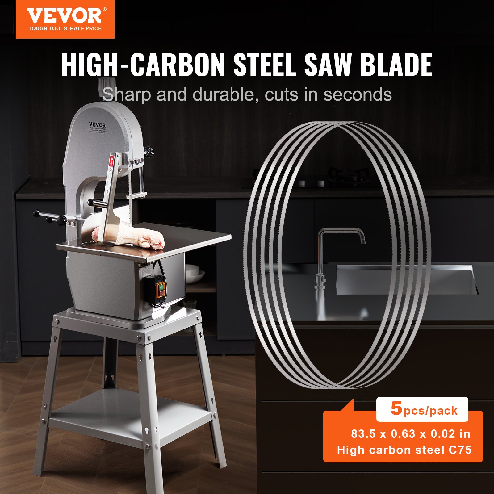 VEVOR Band Saw Blade, 83.5x0.63x0.02 inch, 5 PCS/Pack Meat Bandsaw Blades for Replacement, Carbon Steel Blade, Meat Cutting Blade Wrapped by Rust-Proof Paper, Fit for Commercial Bone Saw Machines