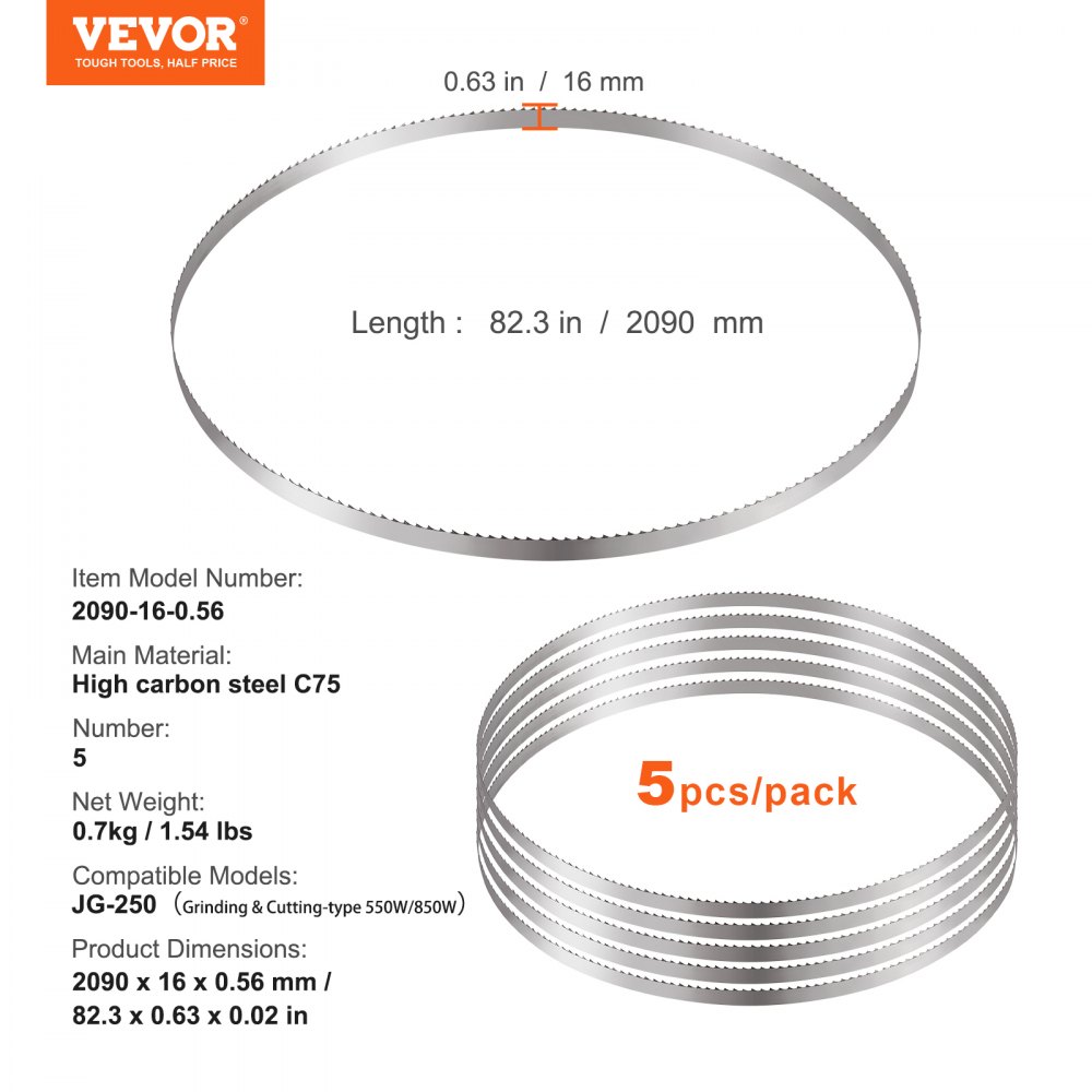 VEVOR Band Saw Blade, 82.3x0.63x0.02 inch, 5 PCS/Pack Meat Bandsaw Blades for Replacement, Carbon Steel Blade, Meat Cutting Blade Wrapped by Rust-Proof Paper, Fit for Commercial Bone Saw Machines