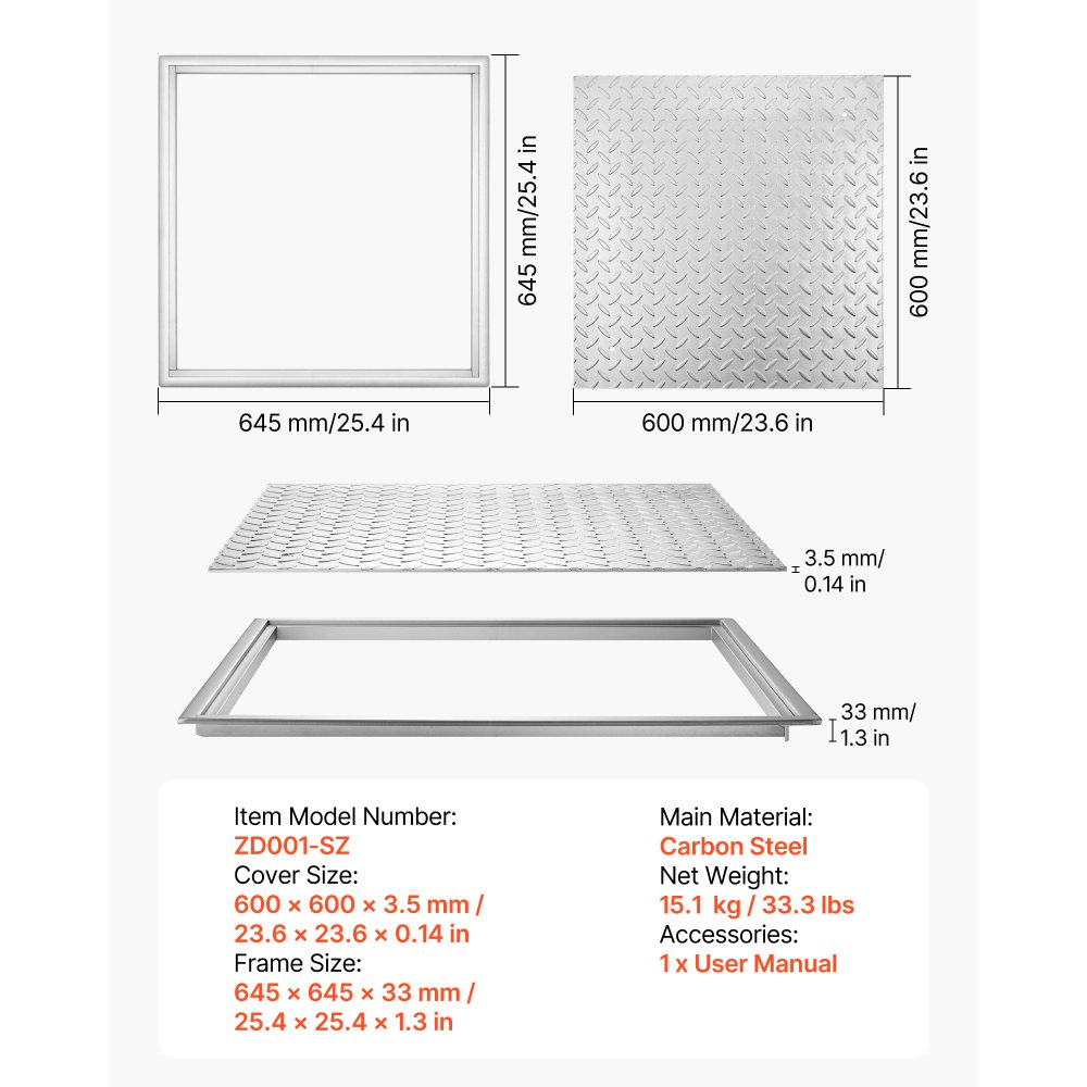 VEVOR Manhole Cover with Frame, 600 x 600mm Square Septic Tank Lid with Base, Heavy-Duty Slip-Resistant Carbon Steel Drain Channel Inspection Access Cover for Pavements Gardens
