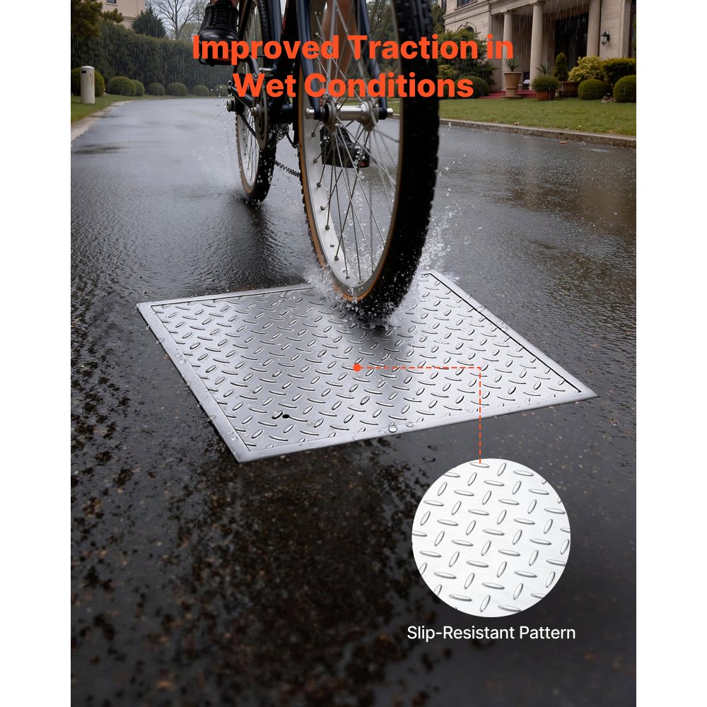 VEVOR Manhole Cover with Frame, 600 x 600mm Square Septic Tank Lid with Base, Heavy-Duty Slip-Resistant Carbon Steel Drain Channel Inspection Access Cover for Pavements Gardens
