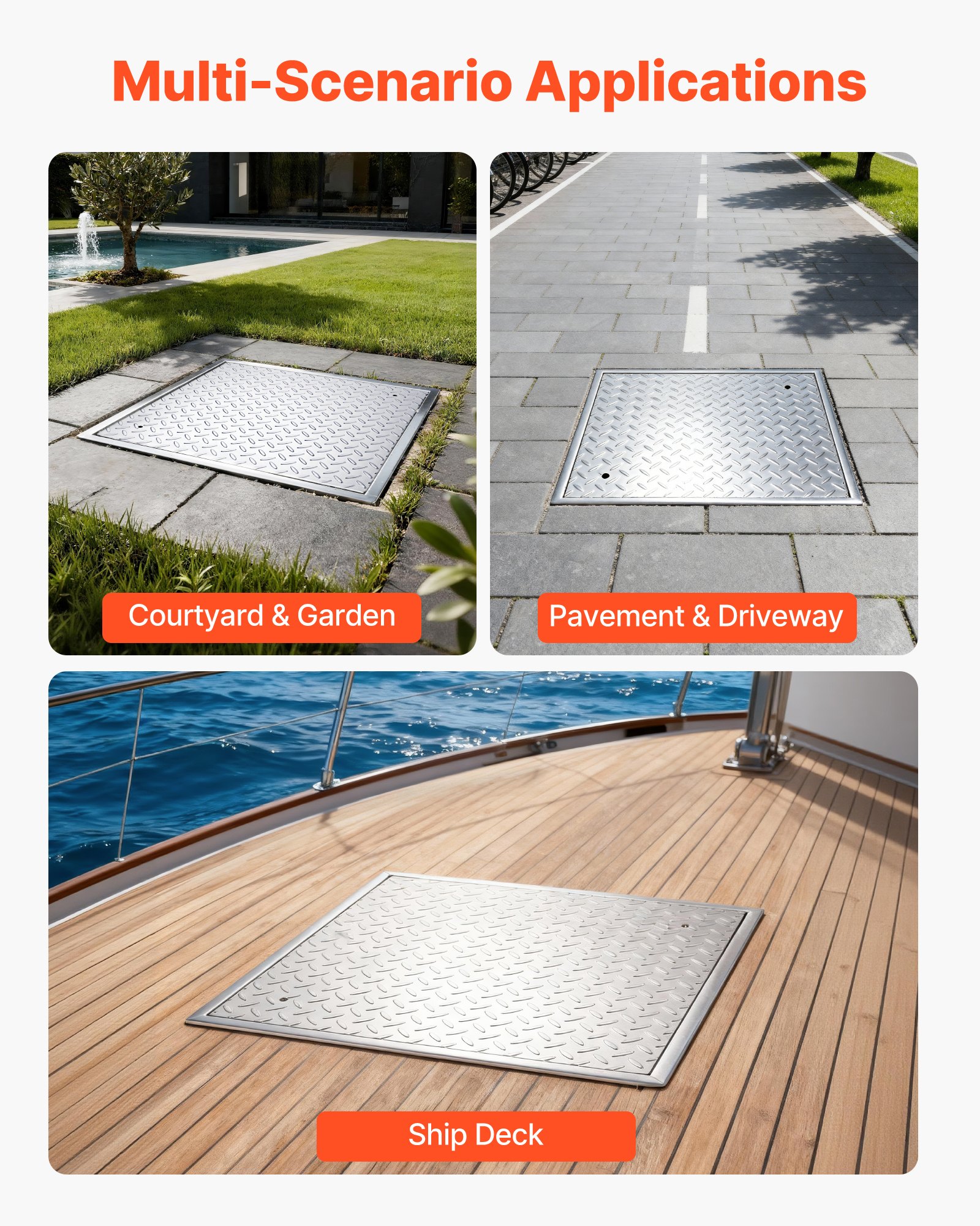 VEVOR Manhole Cover with Frame, 600 x 600mm Square Septic Tank Lid with Base, Heavy-Duty Slip-Resistant Carbon Steel Drain Channel Inspection Access Cover for Pavements Gardens