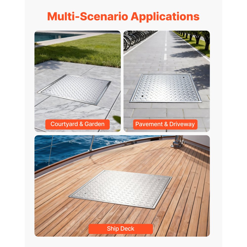 VEVOR Manhole Cover with Frame, 500 x 500mm Square Septic Tank Lid with Base, Heavy-Duty Slip-Resistant Carbon Steel Drain Channel Inspection Access Cover for Pavements Gardens