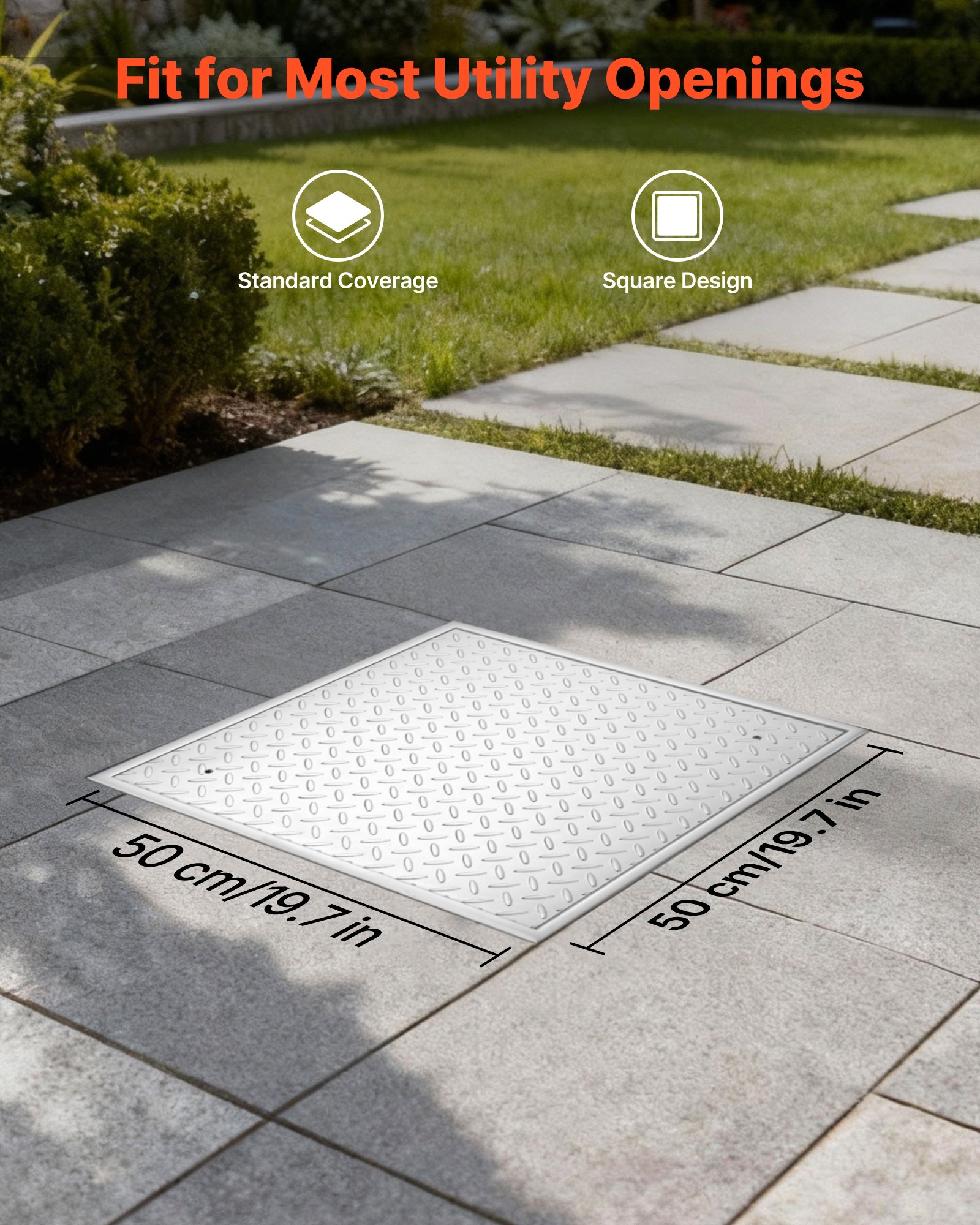 VEVOR Manhole Cover with Frame, 500 x 500mm Square Septic Tank Lid with Base, Heavy-Duty Slip-Resistant Carbon Steel Drain Channel Inspection Access Cover for Pavements Gardens