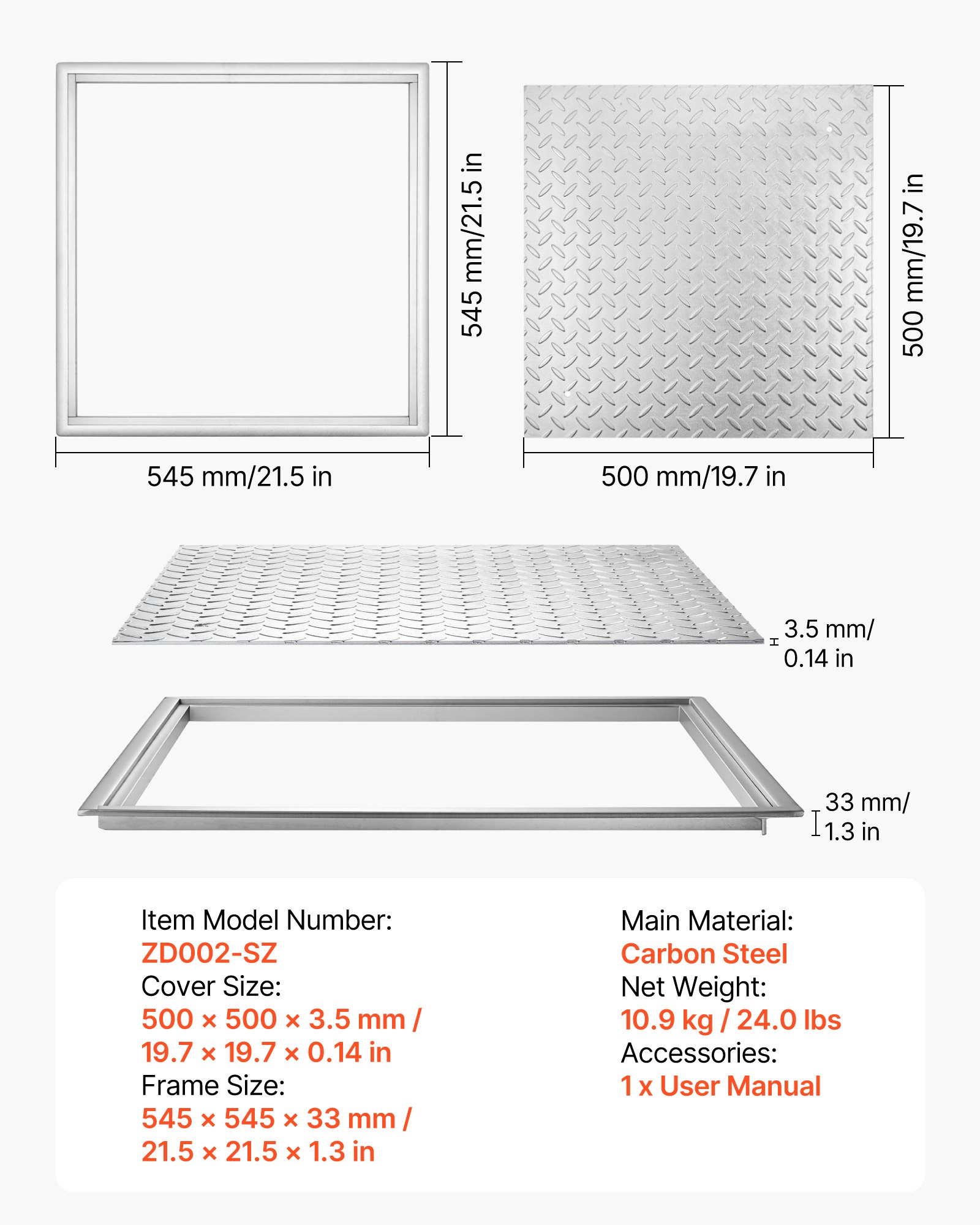 VEVOR Manhole Cover with Frame, 500 x 500mm Square Septic Tank Lid with Base, Heavy-Duty Slip-Resistant Carbon Steel Drain Channel Inspection Access Cover for Pavements Gardens