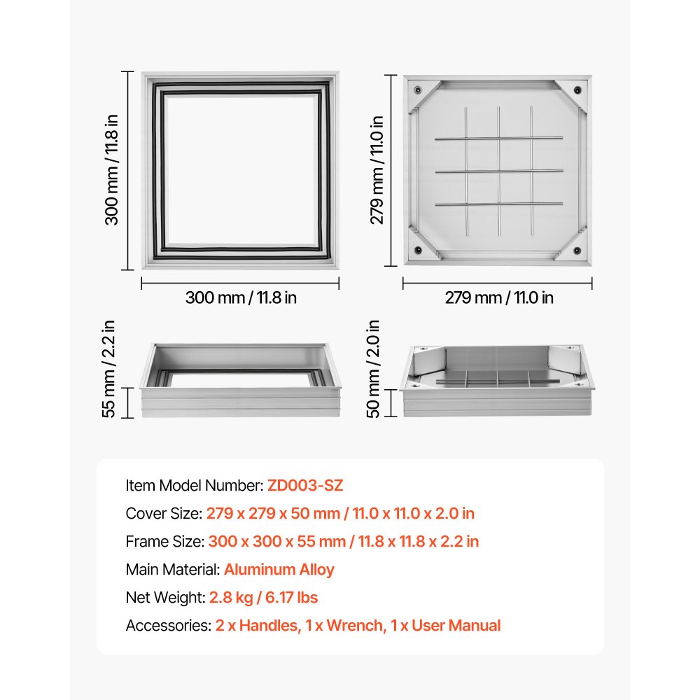 VEVOR Manhole Cover with Frame, 300 x 300mm Invisible Recessed Septic Tank Access Covers, Aluminum Alloy Embedded Drain Channel Inspection Cover for Pavements Gardens Patios