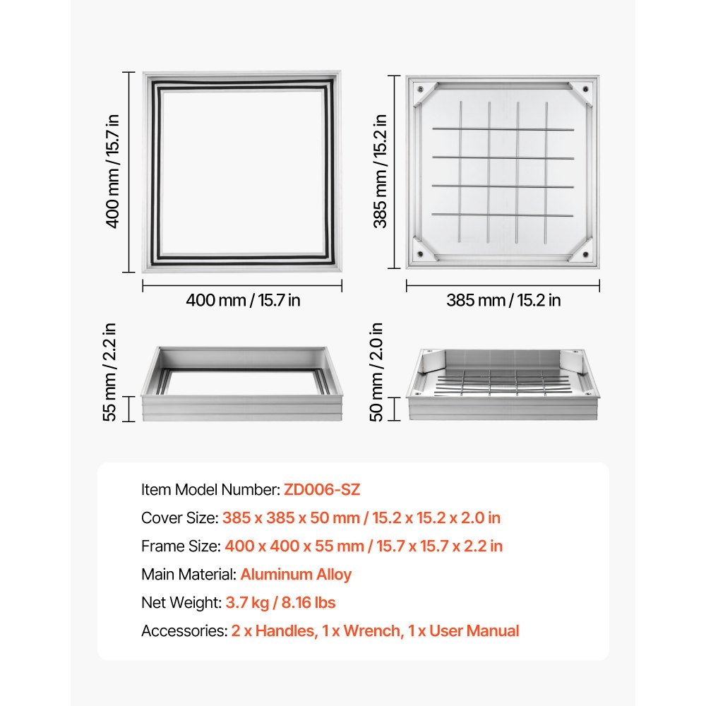 VEVOR Manhole Cover with Frame, 400 x 400mm Invisible Recessed Septic Tank Access Covers, Aluminum Alloy Embedded Drain Channel Inspection Cover for Pavements Gardens Patios