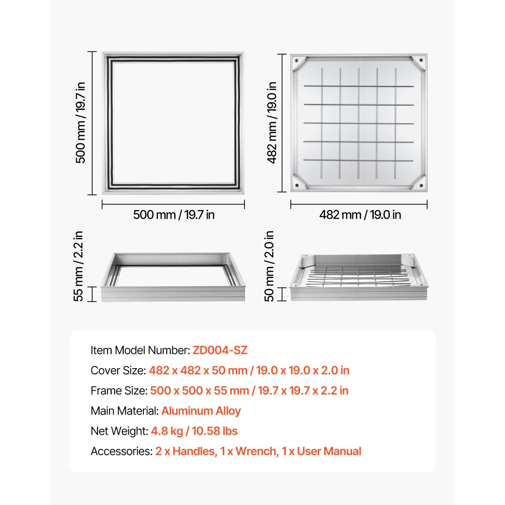 VEVOR Manhole Cover with Frame, 500 x 500mm Invisible Recessed Septic Tank Access Covers, Aluminum Alloy Embedded Drain Channel Inspection Cover for Pavements Gardens Patios
