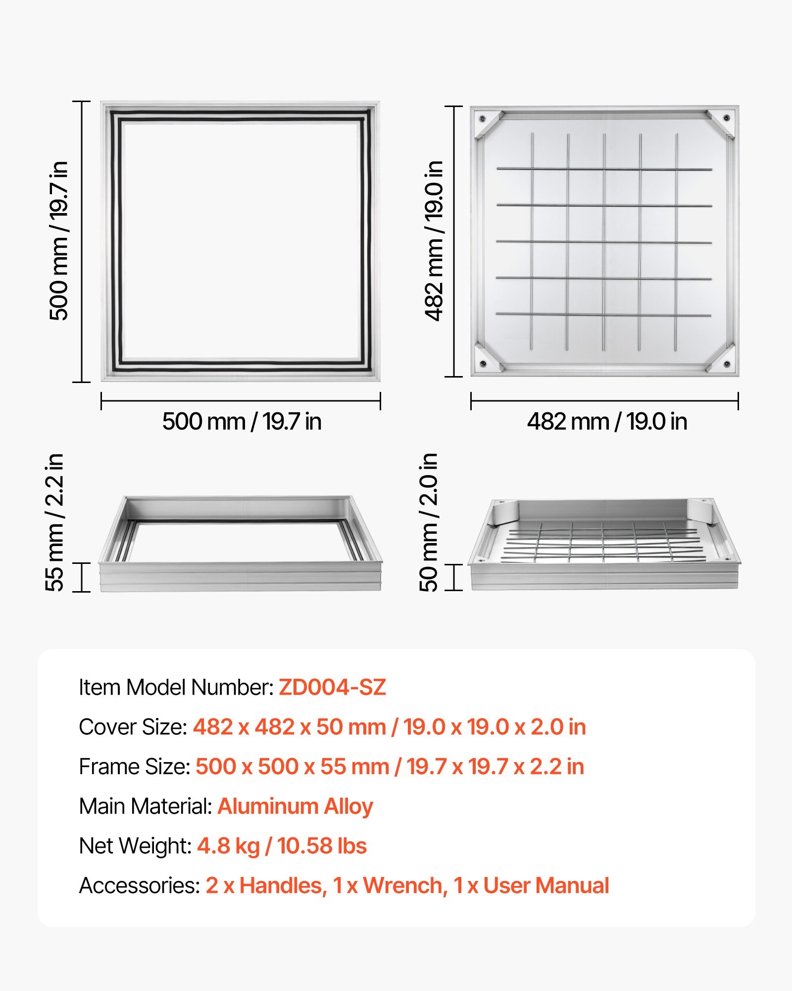 VEVOR Manhole Cover with Frame, 500 x 500mm Invisible Recessed Septic Tank Access Covers, Aluminum Alloy Embedded Drain Channel Inspection Cover for Pavements Gardens Patios