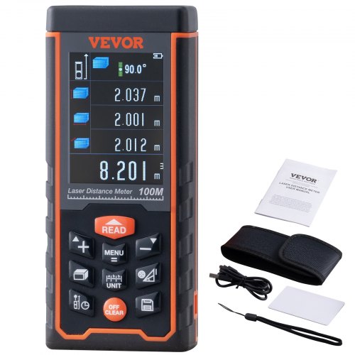 VEVOR Laser Measure, 328 ft, ±1/16'' Accuracy Laser Distance Measure with 100-Group Storage, ft/m/in/ft+in, 2.4'' Colorlit LCD Screen Laser Meter, Pythagorean Mode, Measure Distance, Area and Volume