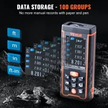 VEVOR Laser Measure, 328 ft, ±1/16'' Accuracy Laser Distance Measure with 100-Group Storage, ft/m/in/ft+in, 2.4'' Colorlit LCD Screen Laser Meter, Pythagorean Mode, Measure Distance, Area and Volume