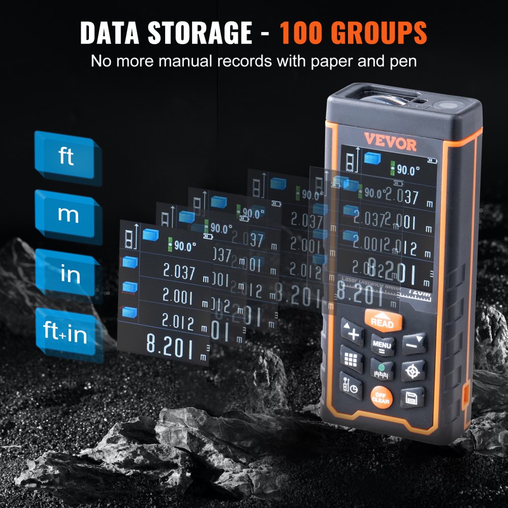 VEVOR Laser Measure, 400 ft, ±1/16'' Accuracy Laser Distance Measure with 100-Group Storage, ft/m/in/ft+in, 2.4'' Colorlit LCD Screen Laser Meter, Pythagorean Mode, Measure Distance, Area and Volume