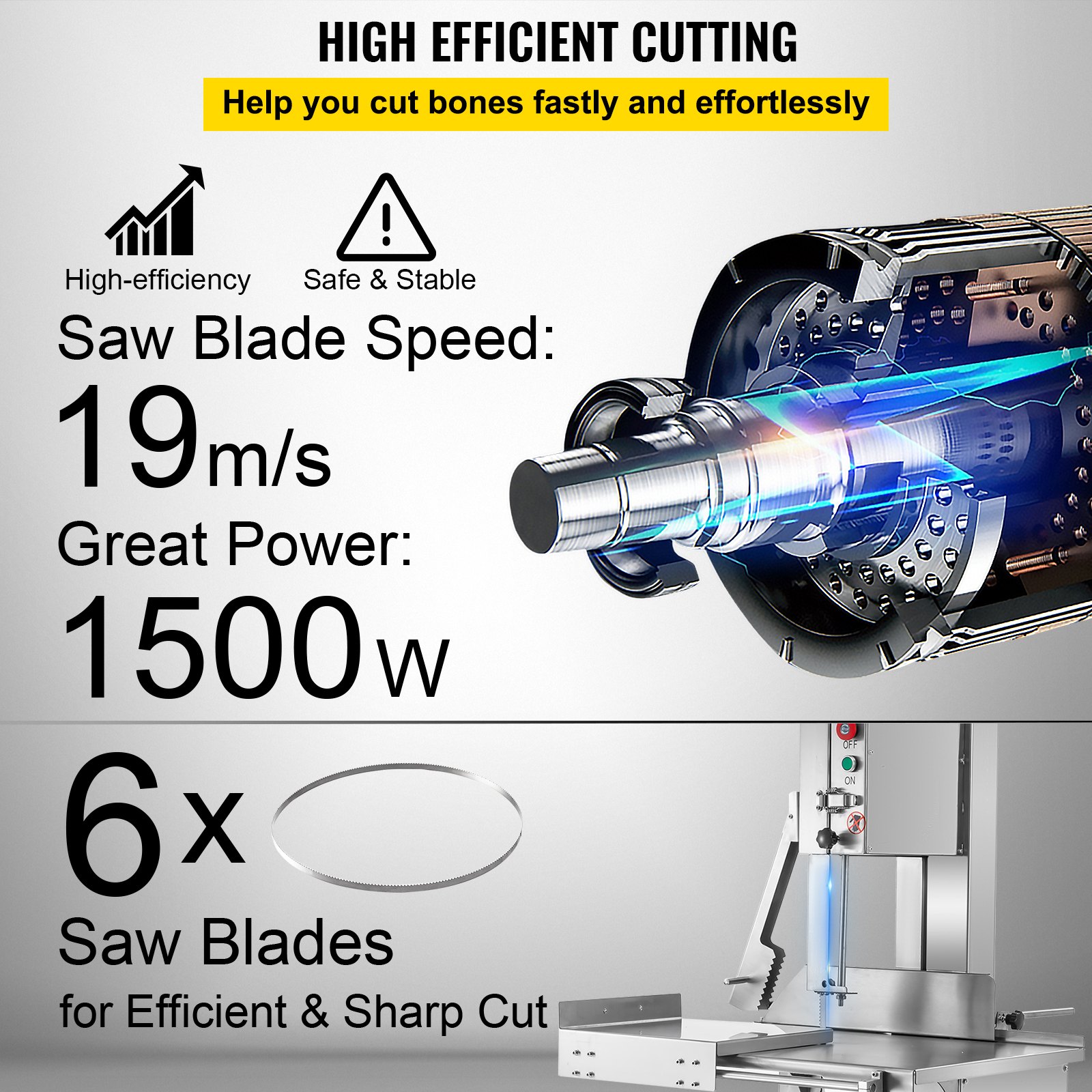 VEVOR 110V Bone Saw Machine 30.3x27.4-Inch Workbench, 1500W Electric Frozen Meat Cutter Saw Wheel Φ300mm, Meat Bandsaw Cutting Thickness 0-250 mm, High Speed 19m/s Great for Cutting Pig's Hoof Beef