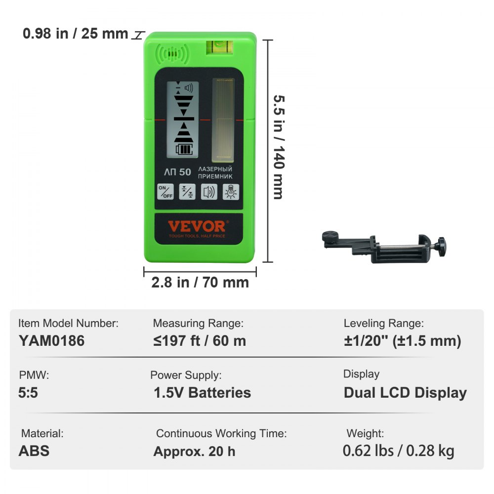 VEVOR Laser Receiver, 197 ft Working Range, Green Laser and Red Beam Detector for Pulsing Line Lasers, Customizable Speaker & Dual LCD Display & Built-In Bubble Level with Clamp for Laser Level Ebay美