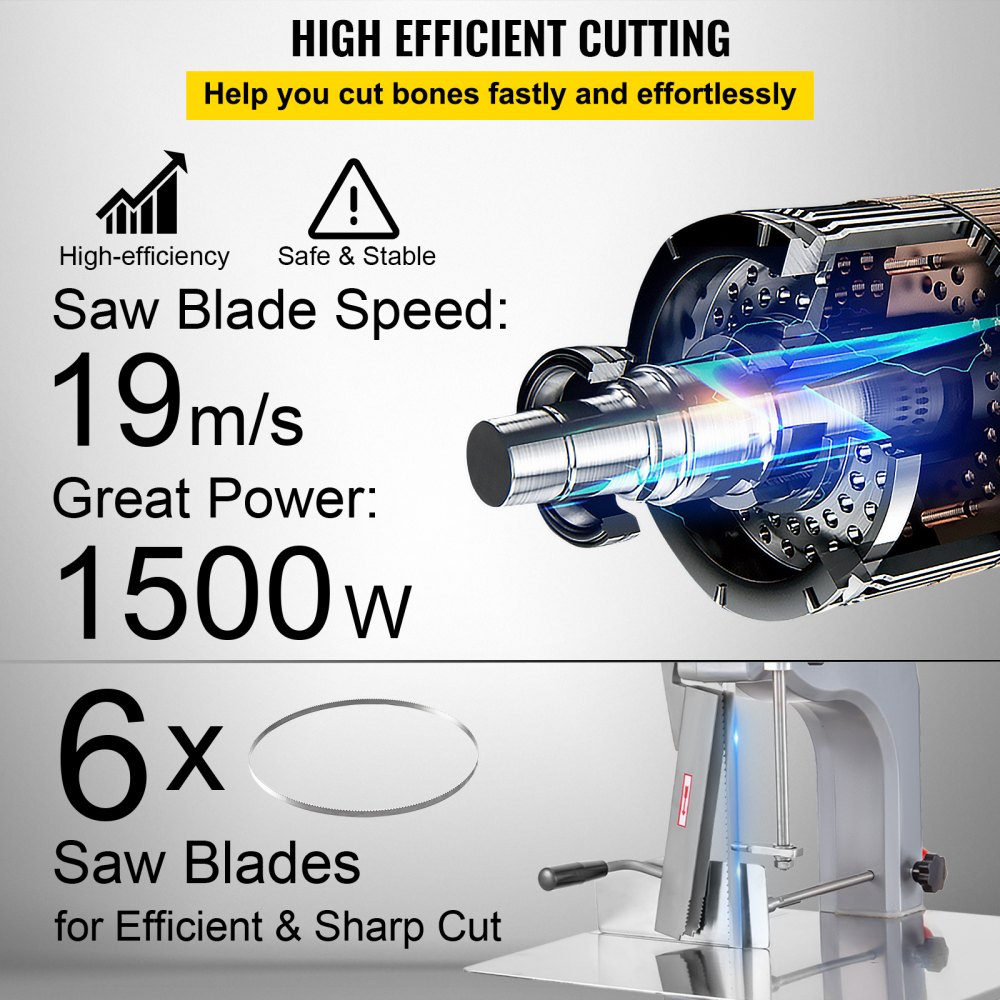 VEVOR 110V Bone Saw Machine, 1500W Frozen Meat Cutter, 2.1HP Butcher Bandsaw, Thickness Range 4-180mm, Max Cutting Height 215mm, Worktable 19.3x17.3inch, Sawing Speed 19m/s, Equipped with 6 Saw Blades