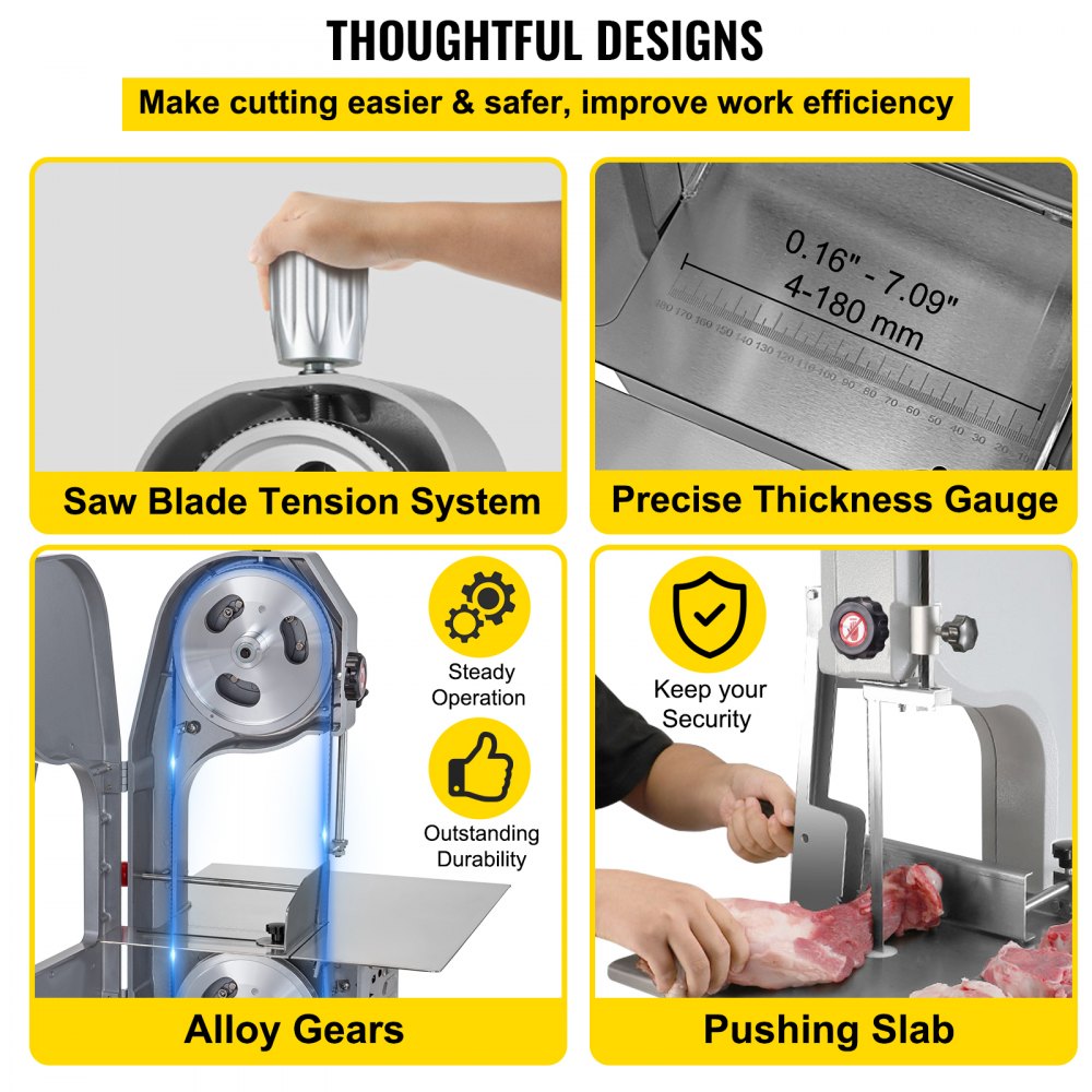 VEVOR 110V Bone Saw Machine, 1500W Frozen Meat Cutter, 2.1HP Butcher Bandsaw, Thickness Range 4-180mm, Max Cutting Height 215mm, Worktable 19.3x17.3inch, Sawing Speed 19m/s, Equipped with 6 Saw Blades