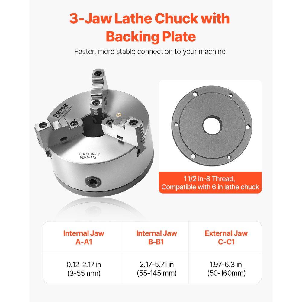 VEVOR 6 in 3-Jaw Self-Centering Lathe Chuck 1 1/2 in-8 Threaded Backing Plate