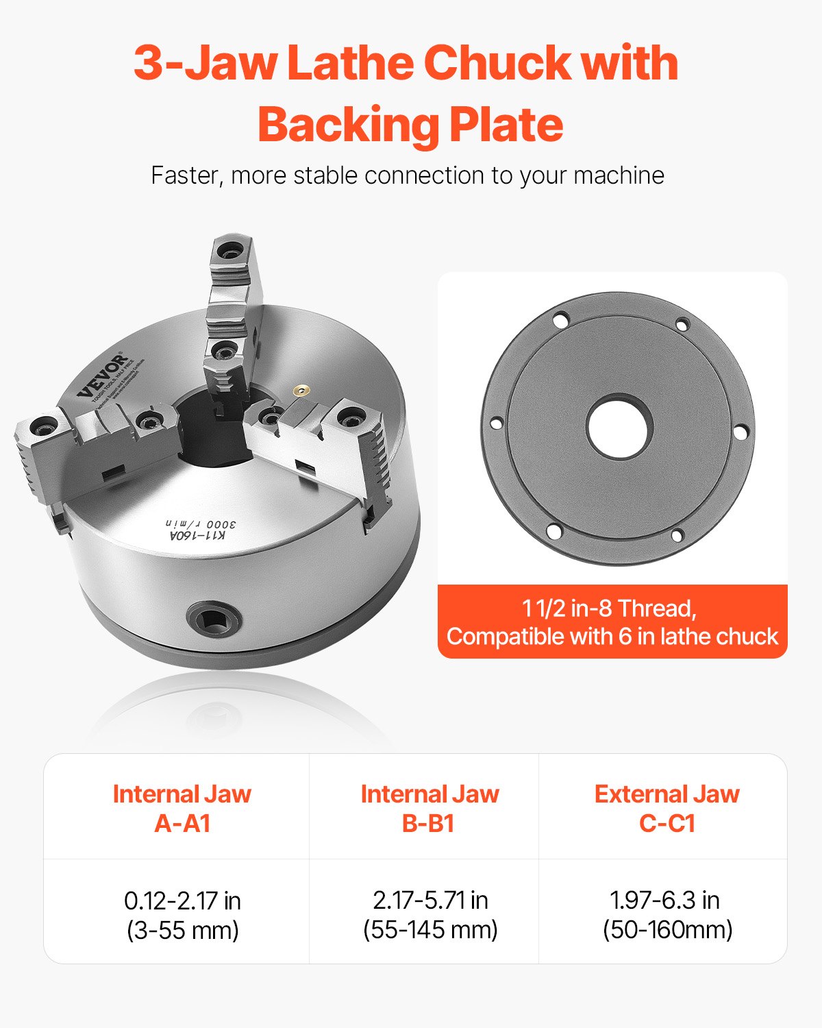 VEVOR 3-Jaw Lathe Chuck, 6 Inch (160 mm), Self-Centering Chuck with 1 1/2 in-8 Threaded Backing Plate, 0.12-5.71 in (3-145 mm) Clamping Range with T-wrench Screws, HT300 Material, for Wood Metal Lathe