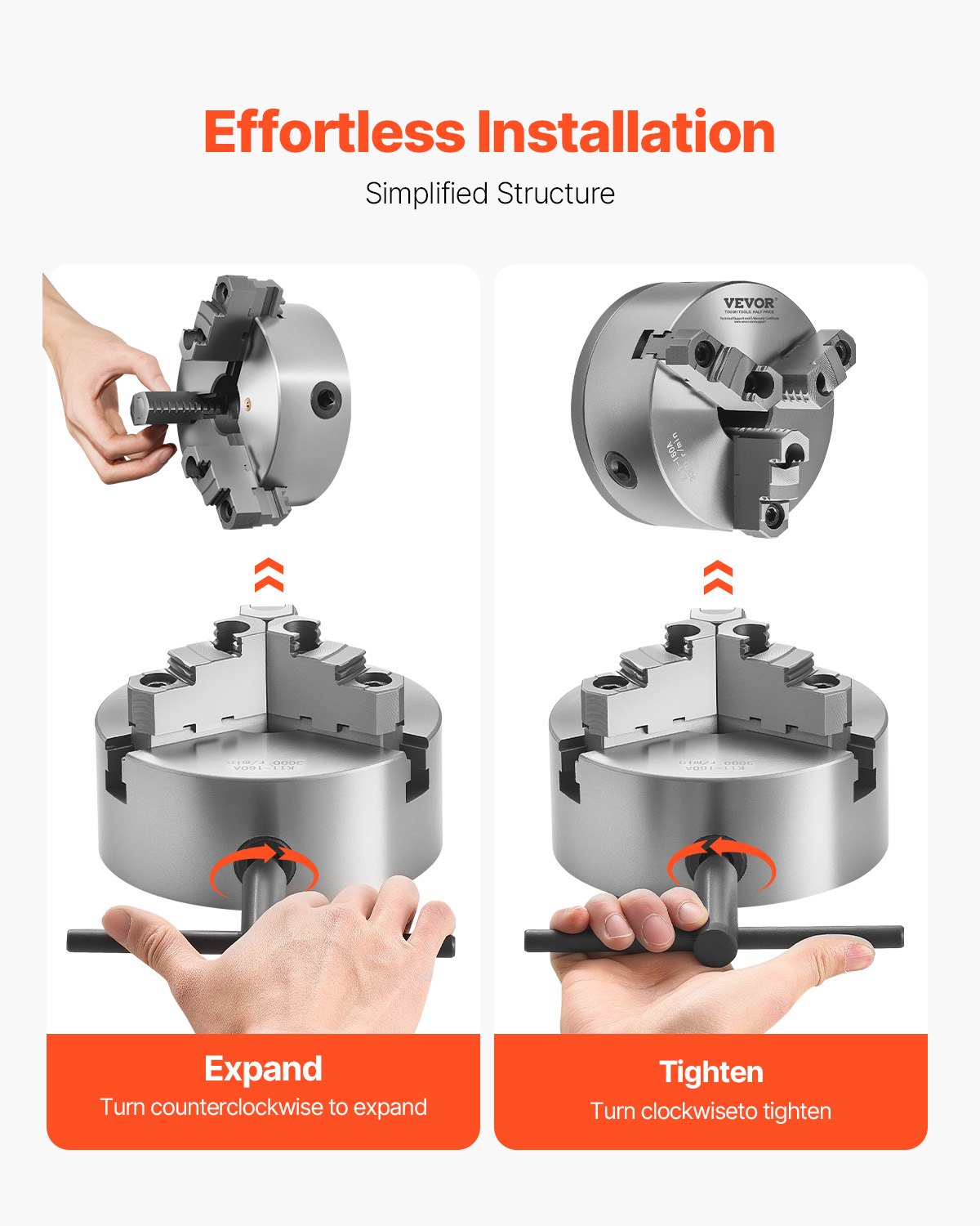 VEVOR 3-Jaw Lathe Chuck, 6 Inch (160 mm), Self-Centering Chuck with 1 1/2 in-8 Threaded Backing Plate, 0.12-5.71 in (3-145 mm) Clamping Range with T-wrench Screws, HT300 Material, for Wood Metal Lathe