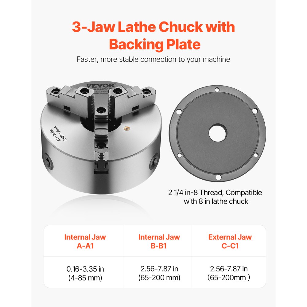 VEVOR 8 in 3-Jaw Self-Centering Lathe Chuck 2 1/4 in-8 Threaded Backing Plate