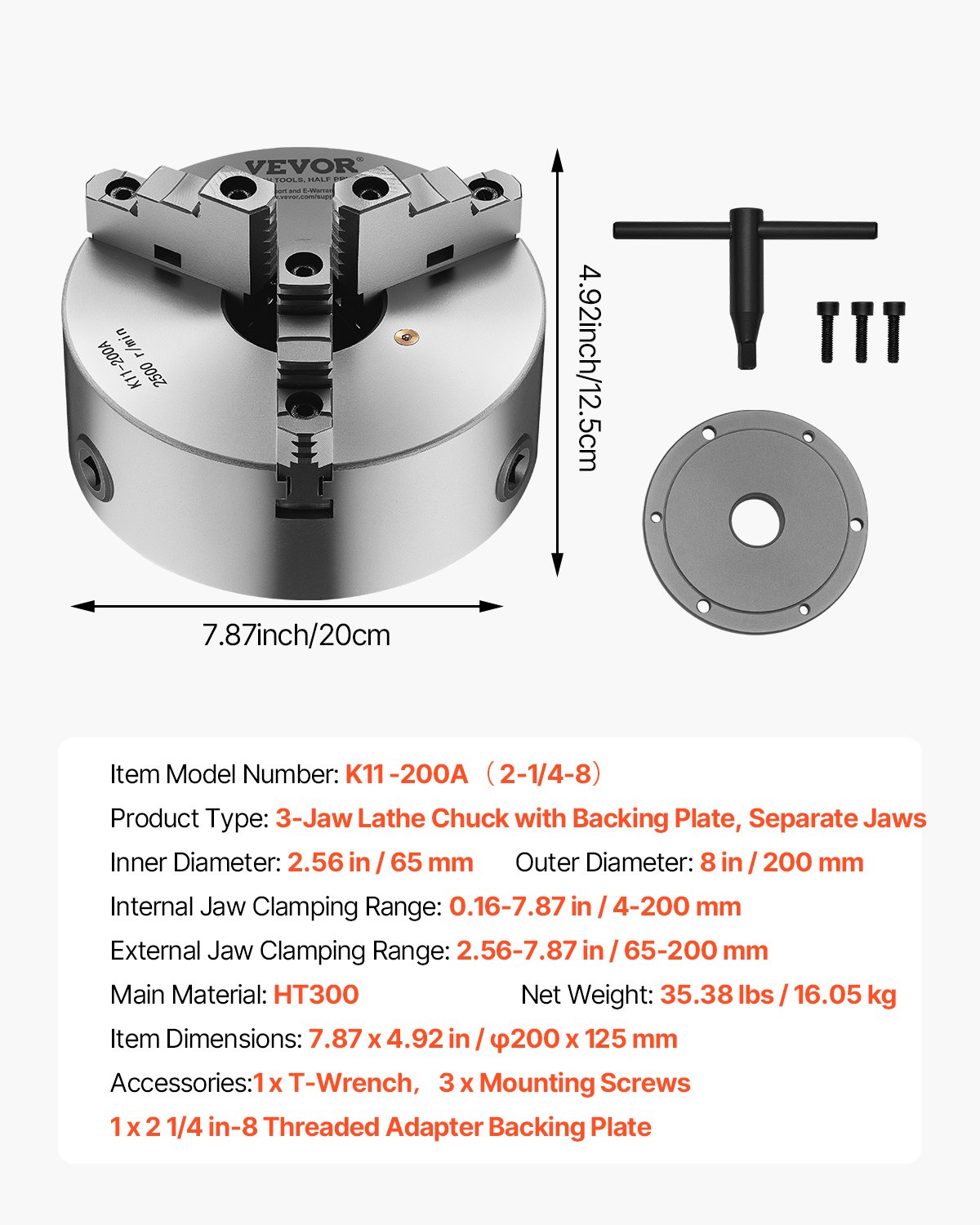 VEVOR 3-Jaw Lathe Chuck, 8 Inch (200 mm), Self-Centering Chuck with 2 1/4 in-8 Threaded Backing Plate, 0.16-7.87 in (4-200 mm) Clamping Range with T-wrench Screws, HT300 Material, for Wood Metal Lathe