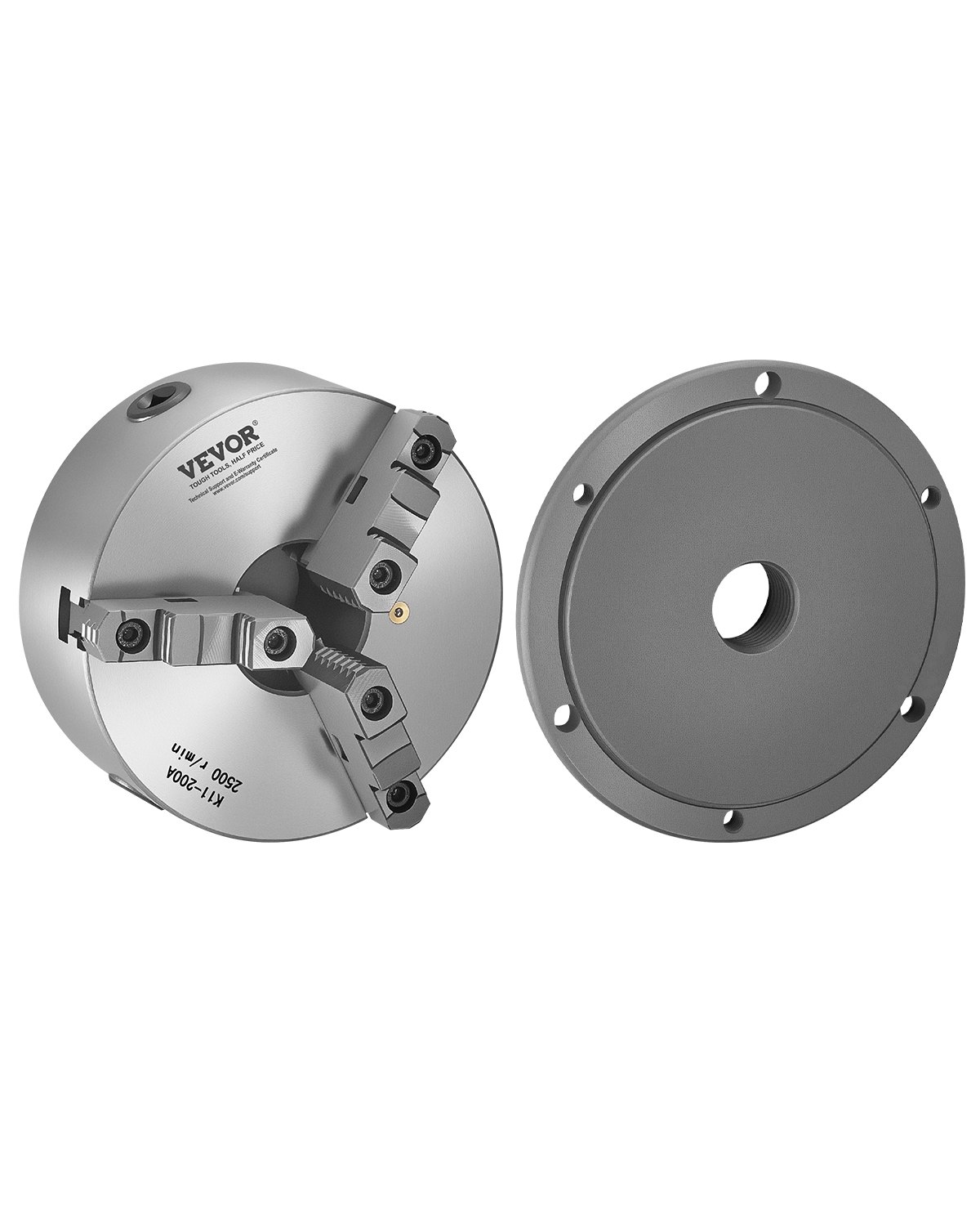 VEVOR 3-Jaw Lathe Chuck, 8 Inch (200 mm), Self-Centering Chuck with 2 1/4 in-8 Threaded Backing Plate, 0.16-7.87 in (4-200 mm) Clamping Range with T-wrench Screws, HT300 Material, for Wood Metal Lathe