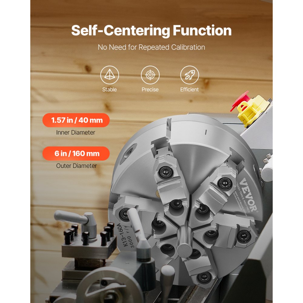 VEVOR 6-Jaw Lathe Chuck, 6 Inch (160 mm), Self-Centering Chuck with D1-4 Cam Lock Backing Plate, 0.12-5.71 in (3-145 mm) Clamping Range with T-wrench Screws, HT300 Material, for Wood Metal Lathe