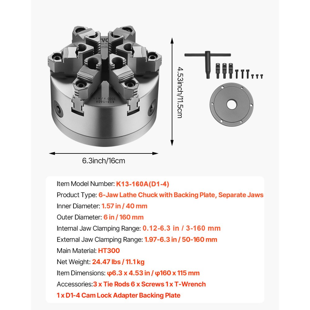 VEVOR 6-Jaw Lathe Chuck, 6 Inch (160 mm), Self-Centering Chuck with D1-4 Cam Lock Backing Plate, 0.12-5.71 in (3-145 mm) Clamping Range with T-wrench Screws, HT300 Material, for Wood Metal Lathe