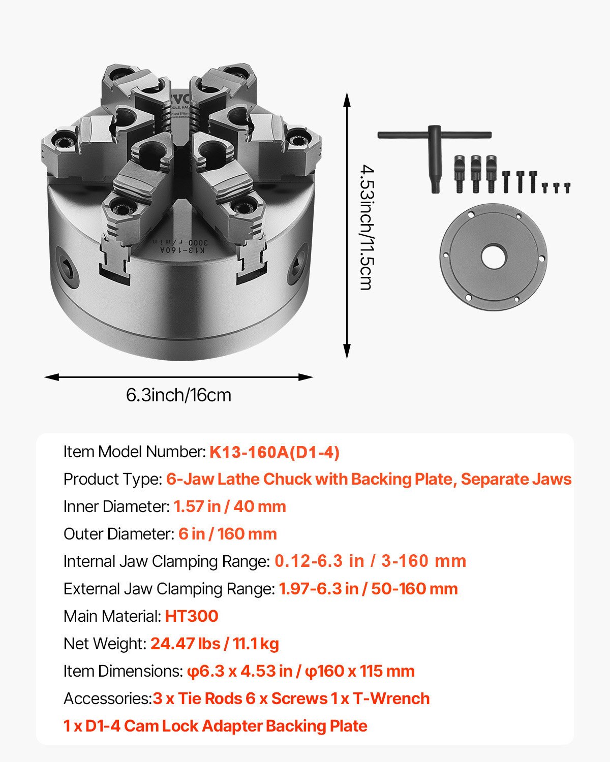VEVOR 6-Jaw Lathe Chuck, 6 Inch (160 mm), Self-Centering Chuck with D1-4 Cam Lock Backing Plate, 0.12-5.71 in (3-145 mm) Clamping Range with T-wrench Screws, HT300 Material, for Wood Metal Lathe