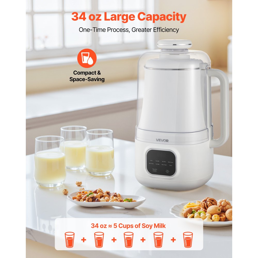 VEVOR 8-in-1 Nut Milk Maker, 34 oz Soy Milk Maker with 200W Blending, for Homemade Oat, Nut, Soy, Juice, Milkshake, Rice Cereal, Plant-Based Beverages with Self-Cleaning, Boil Water, 12-Hour Delay