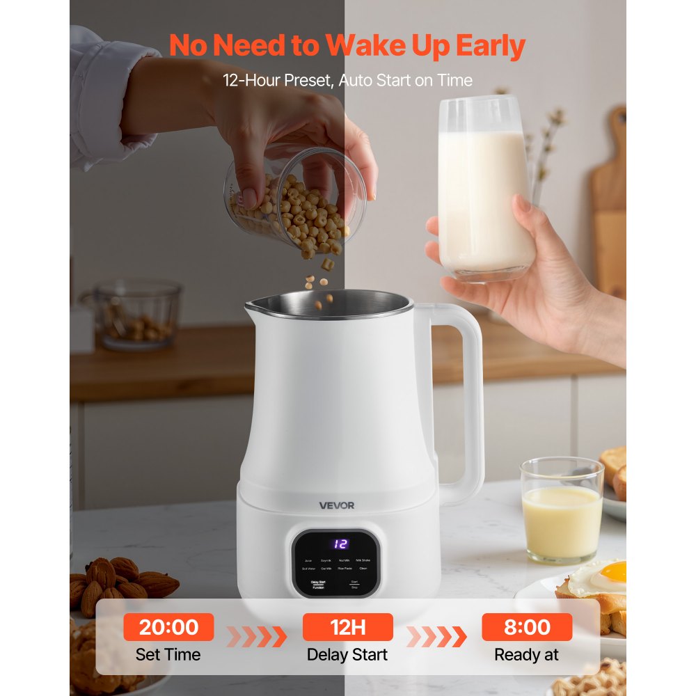 VEVOR 8-in-1 Nut Milk Maker, 34 oz Soy Milk Maker with 200W Blending, for Homemade Oat, Nut, Soy, Juice, Milkshake, Rice Cereal, Plant-Based Beverages with Self-Cleaning, Boil Water, 12-Hour Delay