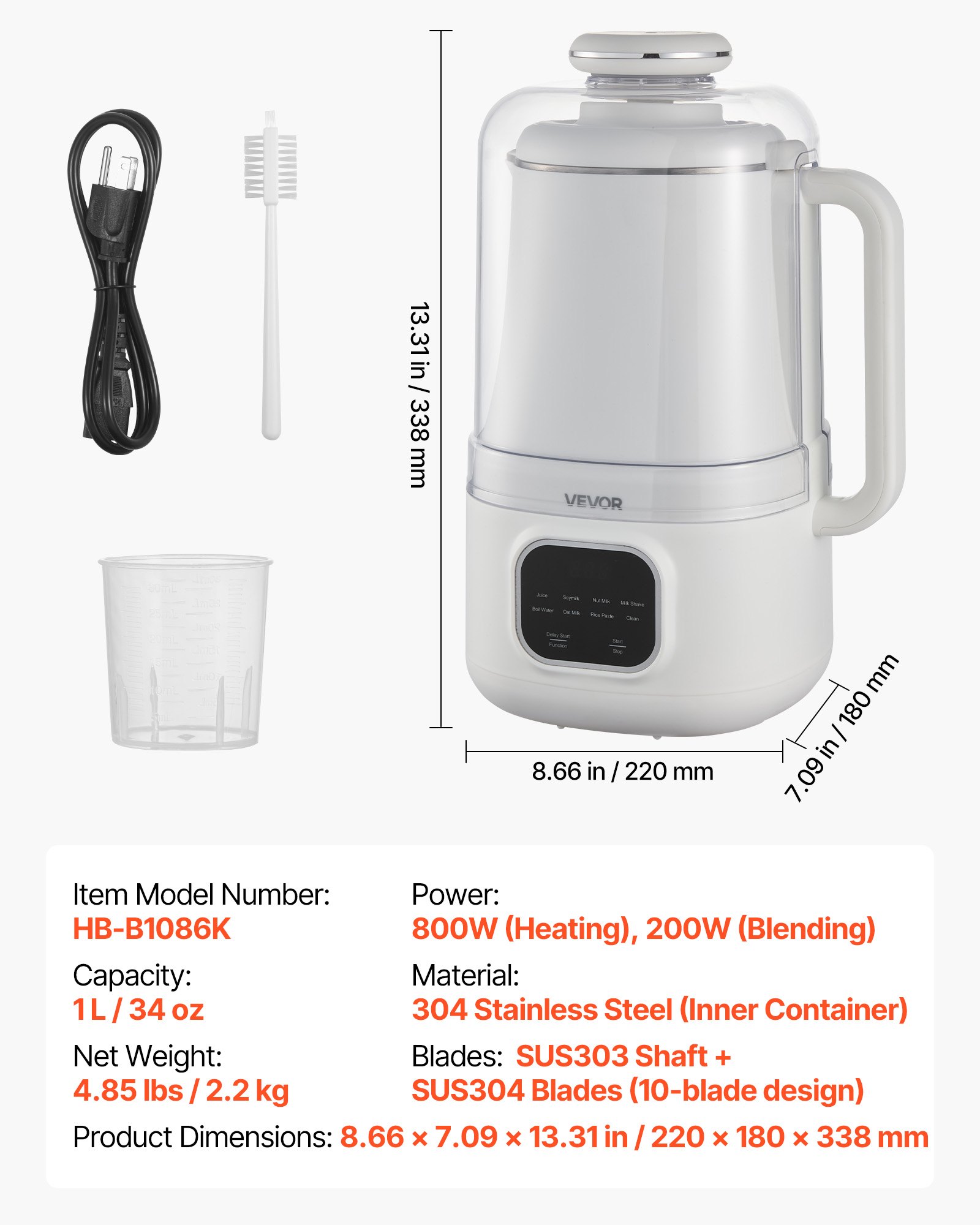 VEVOR 8-in-1 Nut Milk Maker, 34 oz Soy Milk Maker with 200W Blending, for Homemade Oat, Nut, Soy, Juice, Milkshake, Rice Cereal, Plant-Based Beverages with Self-Cleaning, Boil Water, 12-Hour Delay