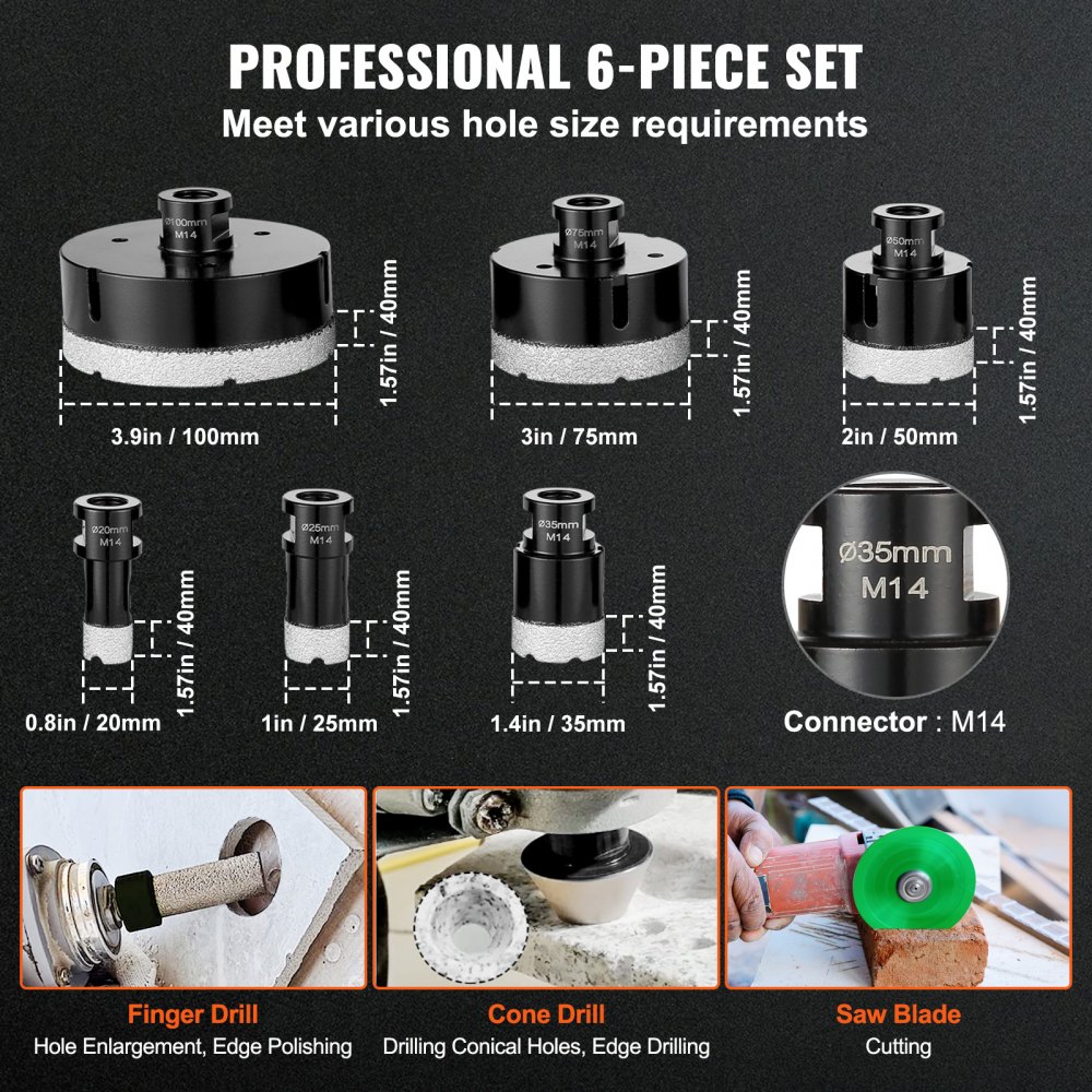 VEVOR Diamond Core Drill Bit Set, 6 PCS 20/25/35/50/75/100mm Diamond Hole Saw Kit, with Finger Milling Bit Cone Bit Saw Blade and Storage Case for Dry and Wet, Diamond Drill Bits for Tile Ceramic