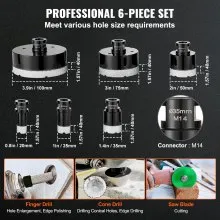 VEVOR Diamond Core Drill Bit Set, 6 PCS 20/25/35/50/75/100mm Diamond Hole Saw Kit, with Finger Milling Bit Cone Bit Saw Blade and Storage Case for Dry and Wet, Diamond Drill Bits for Tile Ceramic