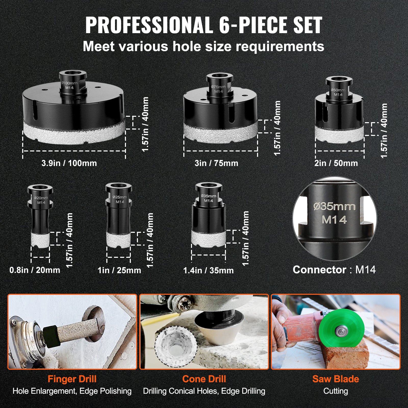VEVOR Diamond Core Drill Bit Set, 6 PCS 20/25/35/50/75/100mm Diamond Hole Saw Kit, with Finger Milling Bit Cone Bit Saw Blade and Storage Case for Dry and Wet, Diamond Drill Bits for Tile Ceramic
