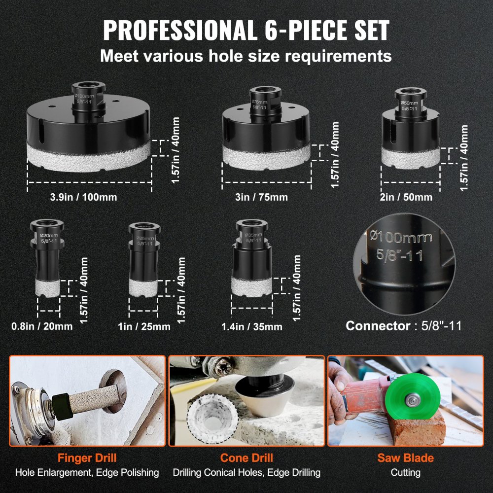 VEVOR Diamond Core Drill Bit Set, 6 PCS 20/25/35/50/75/100mm Diamond Hole Saw Kit, with Finger Milling Bit Cone Bit Saw Blade and Storage Case for Dry and Wet, Diamond Drill Bits for Tile Ceramic