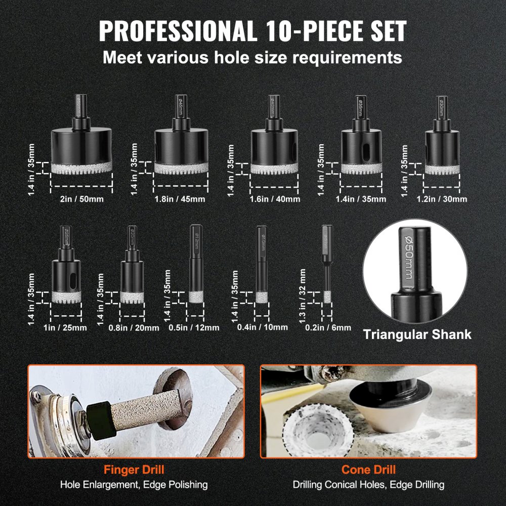 VEVOR Diamond Core Drill Bit Set, 10 PCS 6/10/12/20/25/30/35/40/45/50mm Diamond Hole Saw Kit, Triangular Shank, with Storage Case for Dry and Wet, Diamond Drill Bits for Tile Ceramic Porcelain