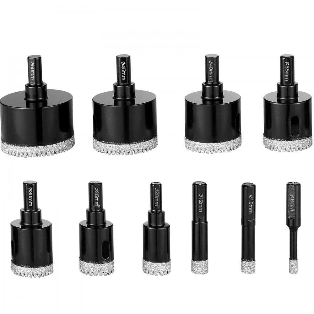 VEVOR Diamond Core Drill Bit Set, 10 PCS 6/10/12/20/25/30/35/40/45/50mm Diamond Hole Saw Kit, Triangular Shank, with Storage Case for Dry and Wet, Diamond Drill Bits for Tile Ceramic Porcelain