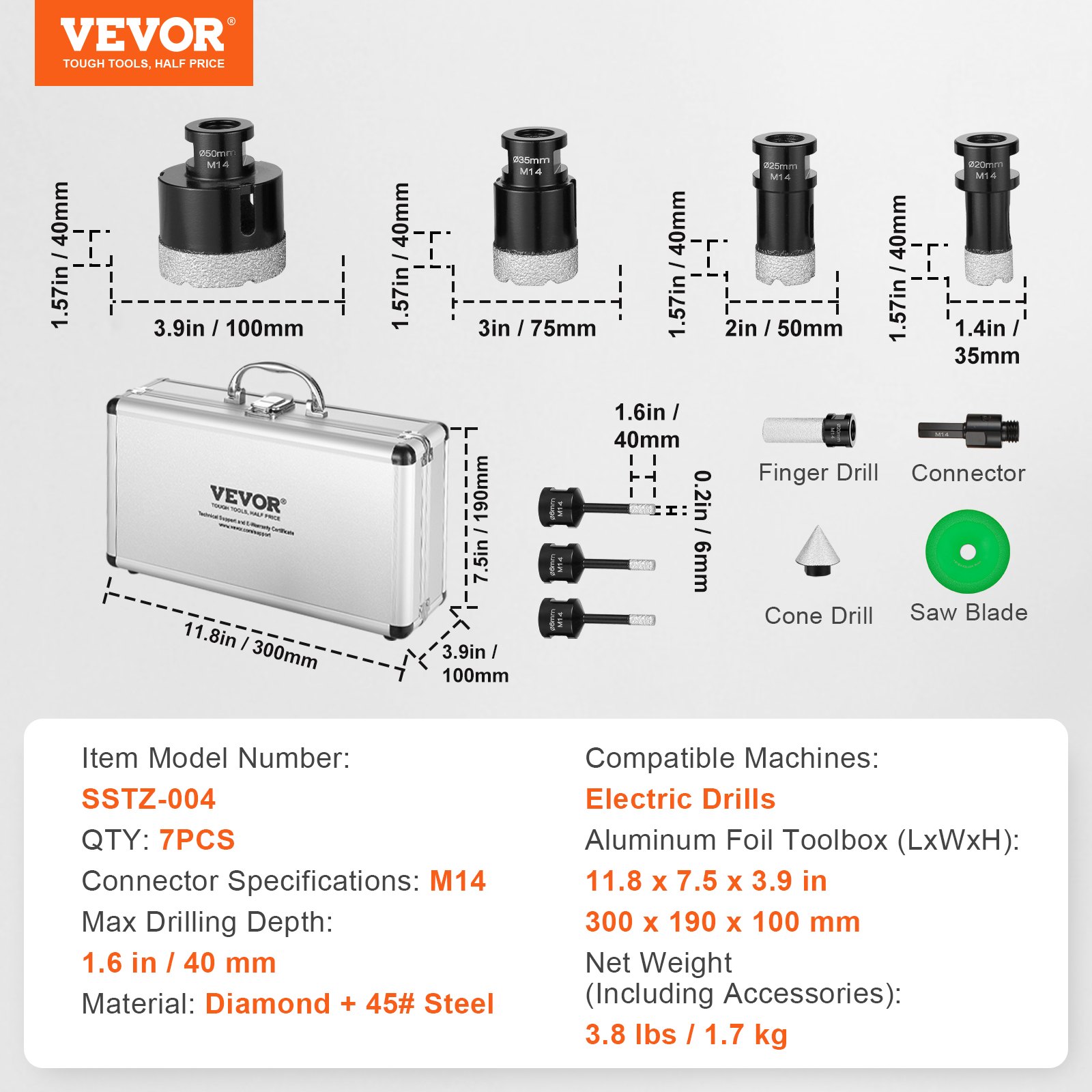 VEVOR Diamond Core Drill Bit Set, 7 PCS 6/6/6/20/25/35/50mm Diamond Hole Saw Kit, with Finger Milling Bit Cone Bit Saw Blade and  Storage Case for Dry and Wet, Diamond Drill Bits for Tile Ceramic