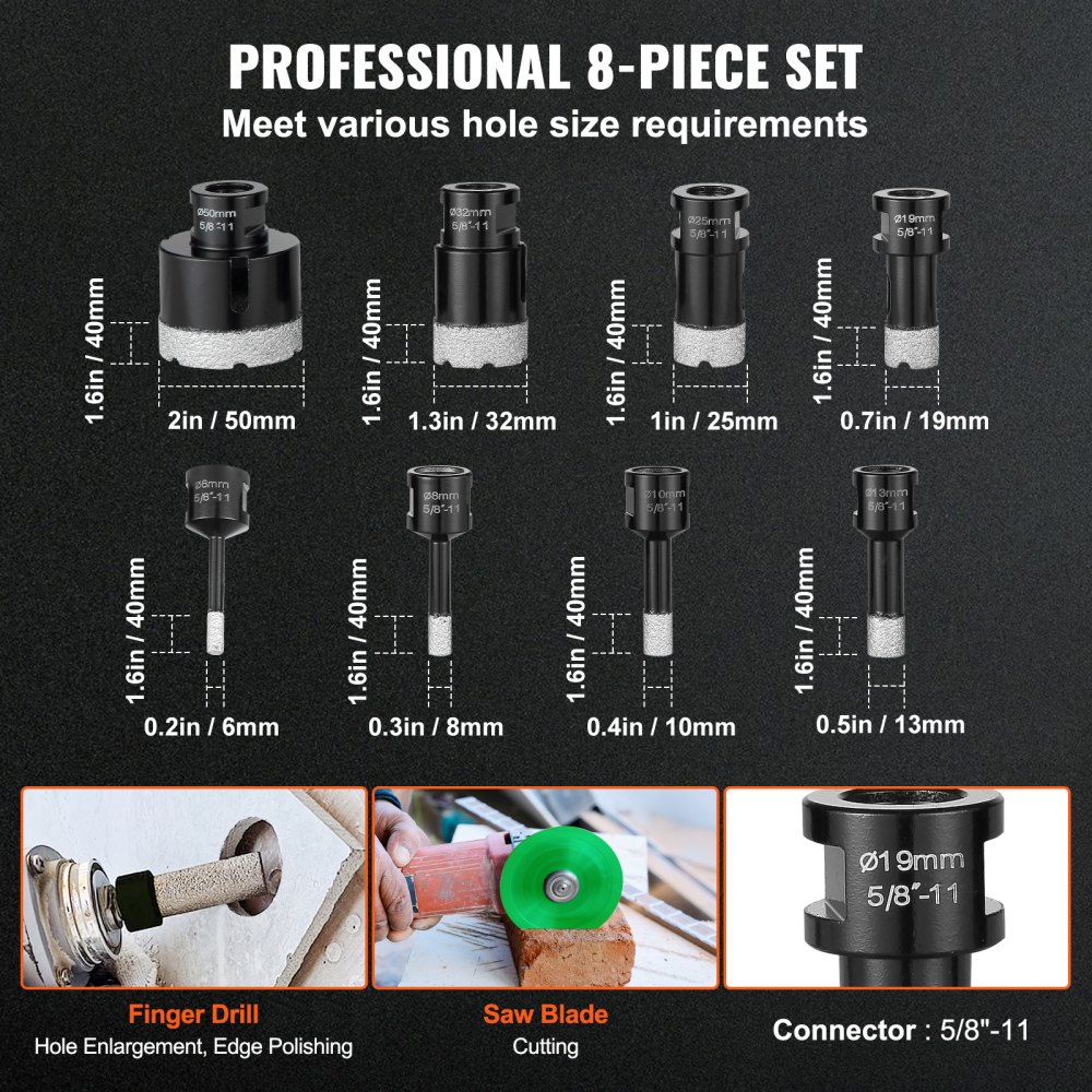 VEVOR Diamond Core Drill Bit Set, 8 PCS 6/8/10/13/19/25/32/50mm Diamond Hole Saw Kit, with Finger Milling Bit Saw Blade and Storage Case for Dry and Wet, Diamond Drill Bits for Tile Ceramic