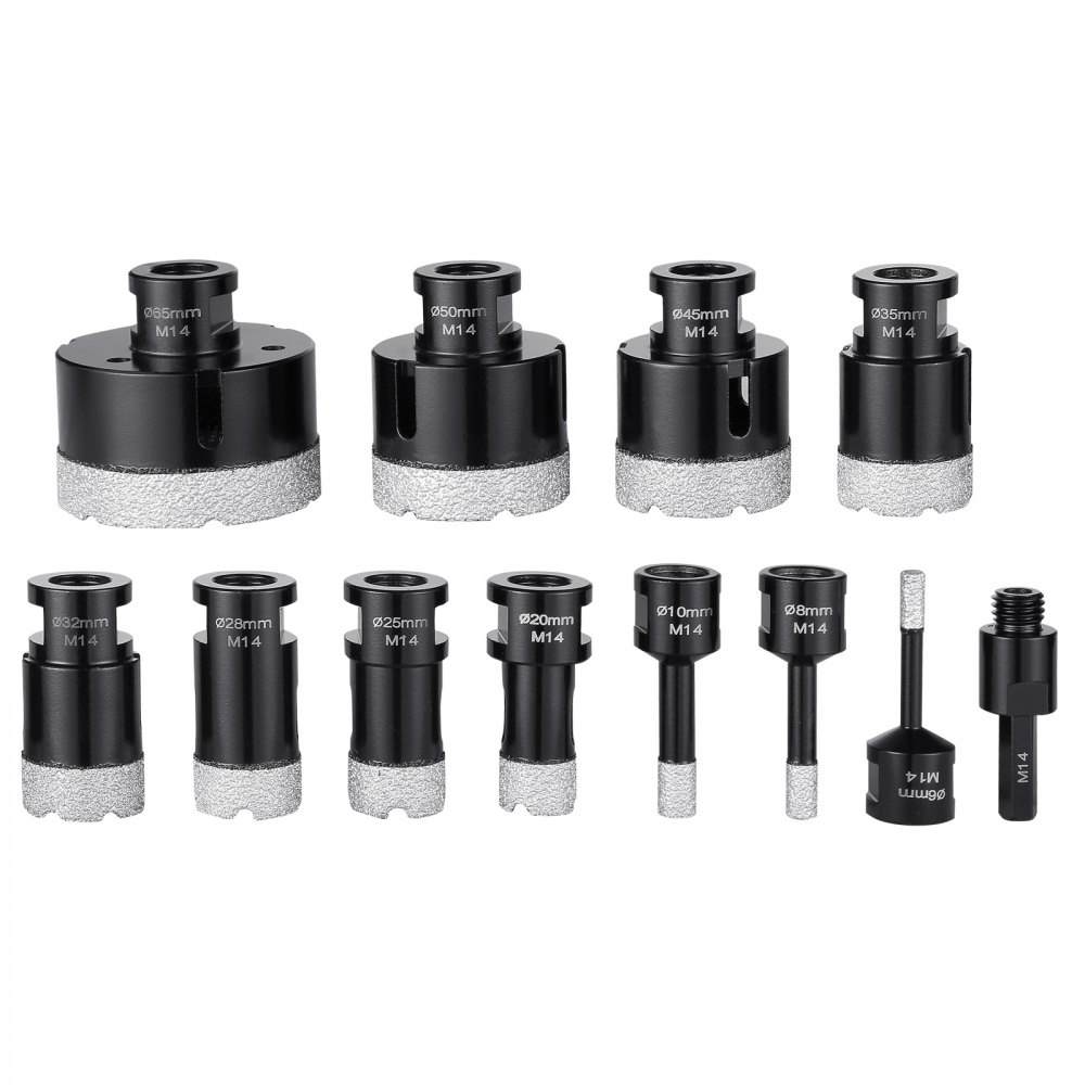 VEVOR Diamond Core Drill Bit Set, 11 PCS 6/8/10/20/25/28/32/35/45/50/65mm Diamond Hole Saw Kit, with M14 Connector and Storage Case for Dry and Wet, Diamond Drill Bits for Tile Ceramic