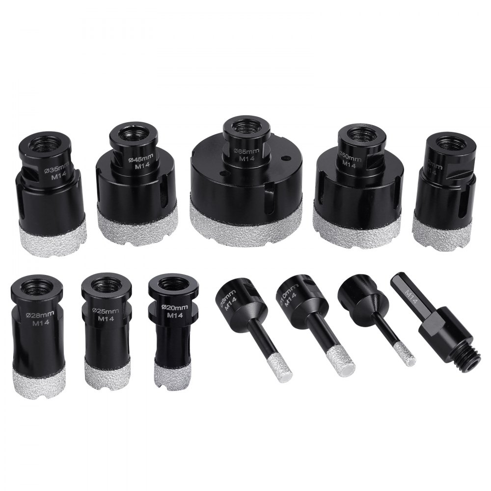 VEVOR Diamond Core Drill Bit Set, 11 PCS 6/8/10/20/25/28/32/35/45/50/65mm Diamond Hole Saw Kit, with M14 Connector and Storage Case for Dry and Wet, Diamond Drill Bits for Tile Ceramic
